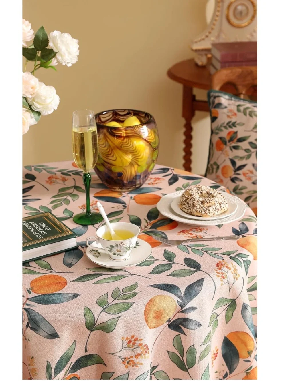 Orange Floral Tablecloth French Linen - 55” Round